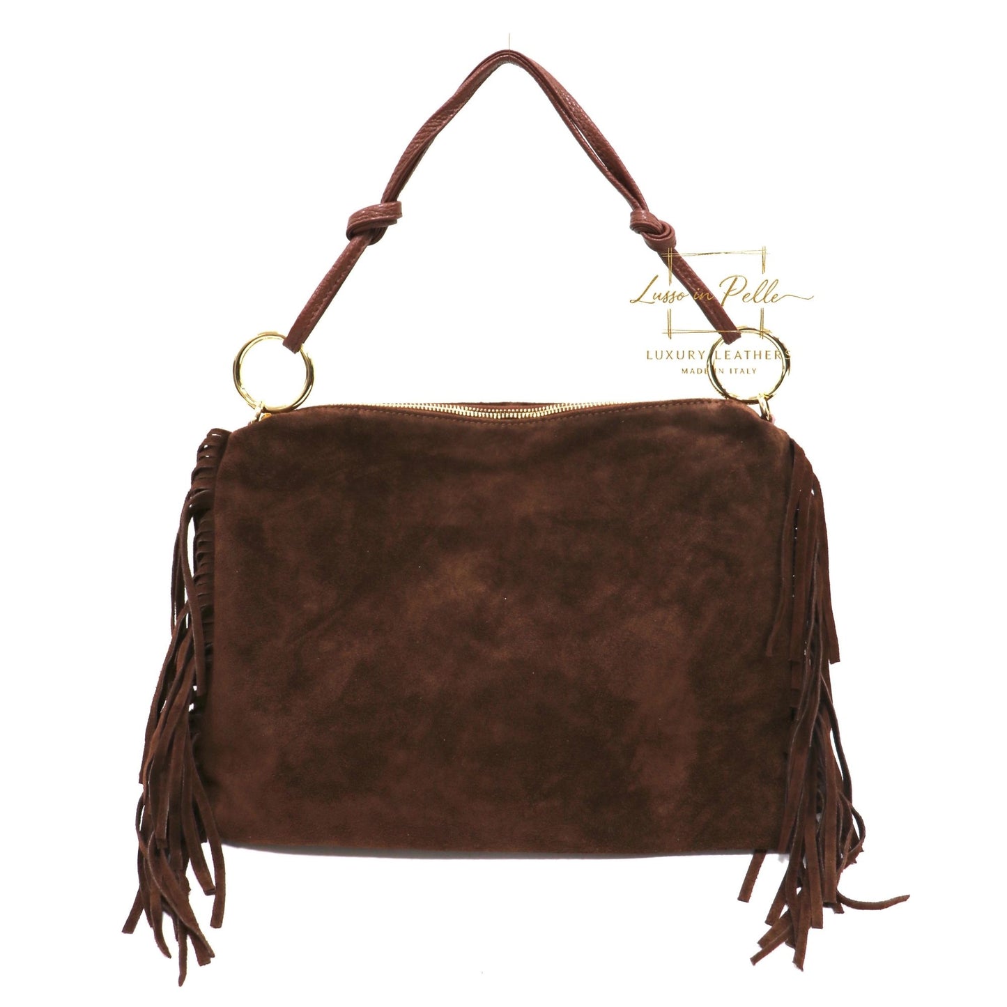 Medium Italian Suede Fringe Bag with Shoulder and Crossbody Straps: Handmade Genuine Cowhide Suede Flat Purse