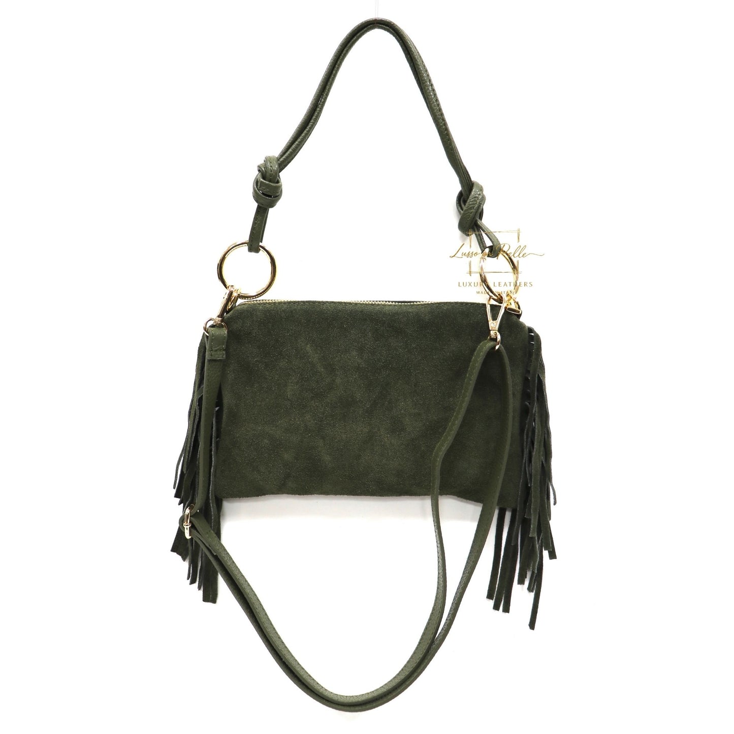 Small Italian Suede Fringe Bag with Shoulder and Crossbody Straps: Handmade Genuine Cowhide Suede Flat Purse