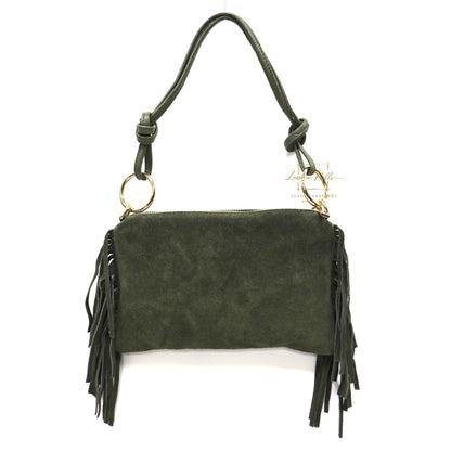 Small Italian Suede Fringe Bag with Shoulder and Crossbody Straps: Handmade Genuine Cowhide Suede Flat Purse