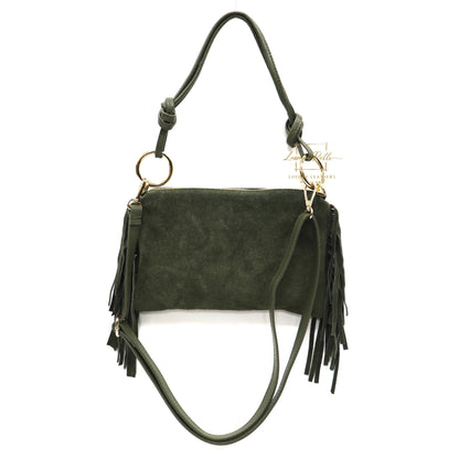Small Italian Suede Fringe Bag with Shoulder and Crossbody Straps: Handmade Genuine Cowhide Suede Flat Purse