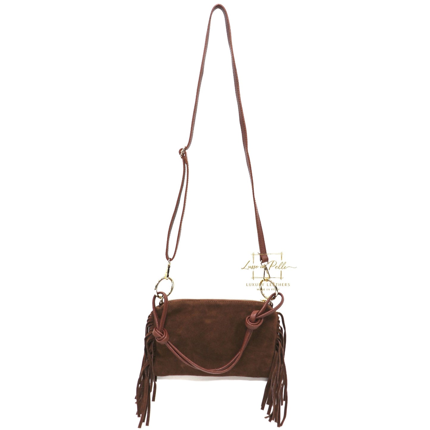 Small Italian Suede Fringe Bag with Shoulder and Crossbody Straps: Handmade Genuine Cowhide Suede Flat Purse