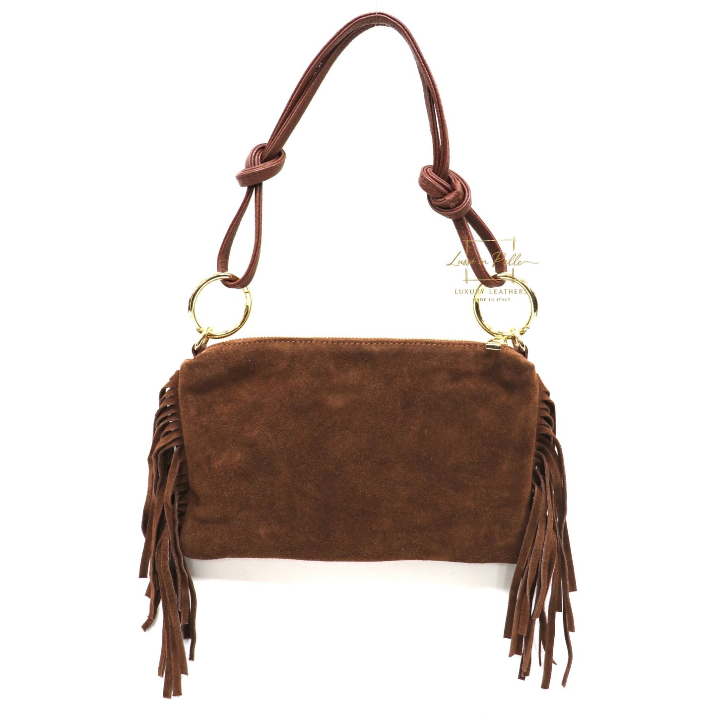 Small Italian Suede Fringe Bag with Shoulder and Crossbody Straps: Handmade Genuine Cowhide Suede Flat Purse