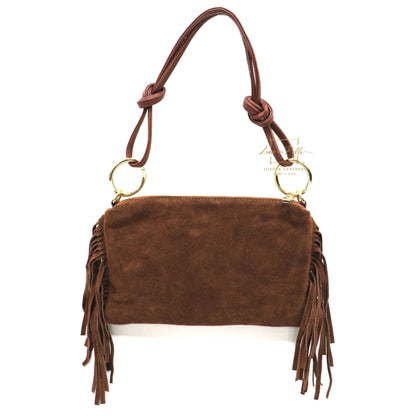 Small Italian Suede Fringe Bag with Shoulder and Crossbody Straps: Handmade Genuine Cowhide Suede Flat Purse