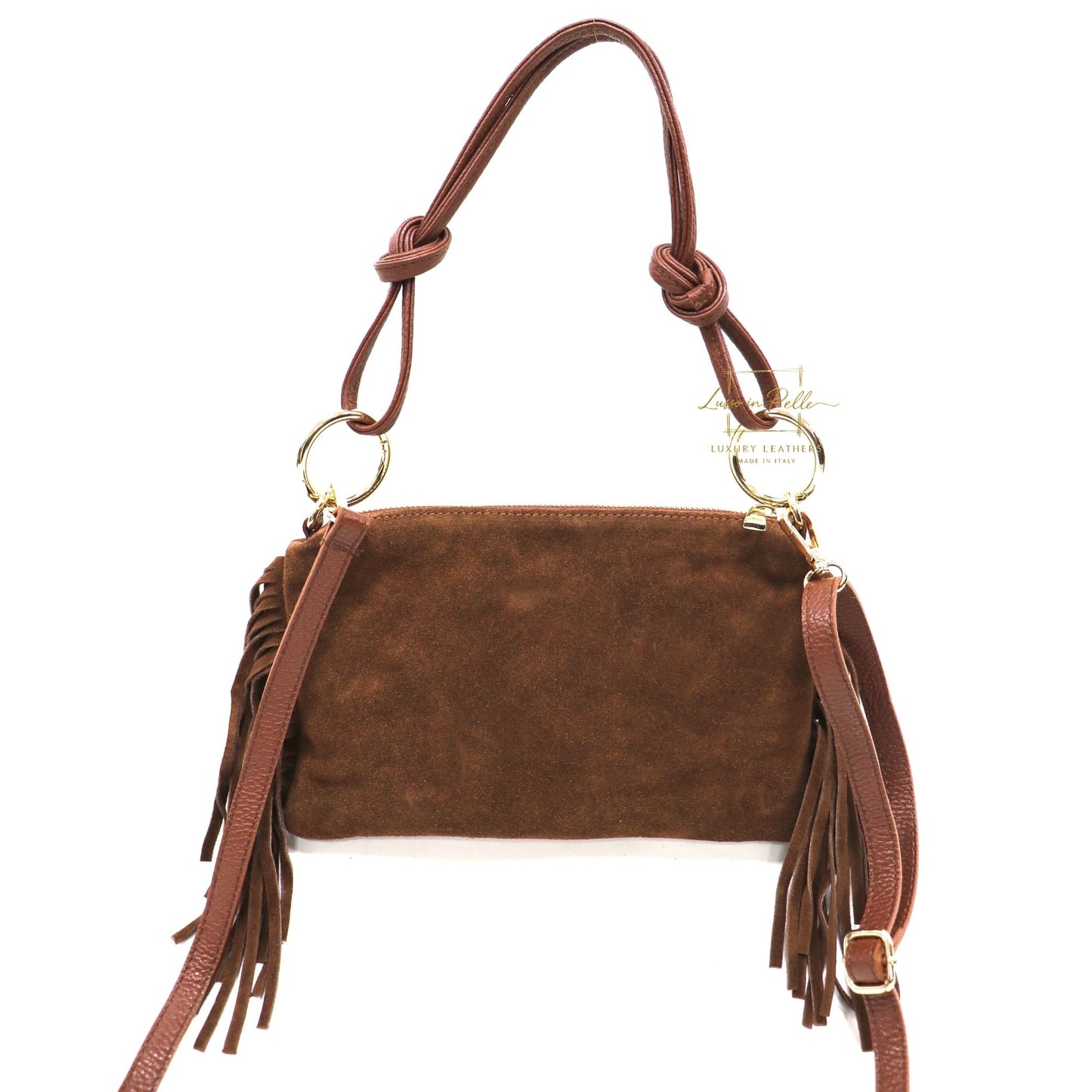 Small Italian Suede Fringe Bag with Shoulder and Crossbody Straps: Handmade Genuine Cowhide Suede Flat Purse