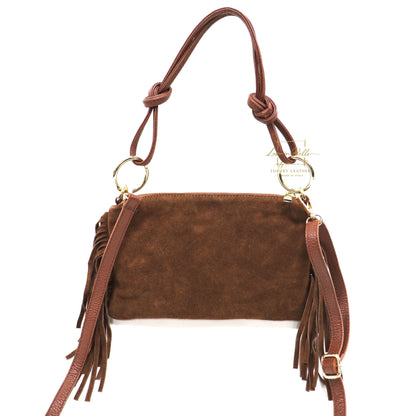 Small Italian Suede Fringe Bag with Shoulder and Crossbody Straps: Handmade Genuine Cowhide Suede Flat Purse