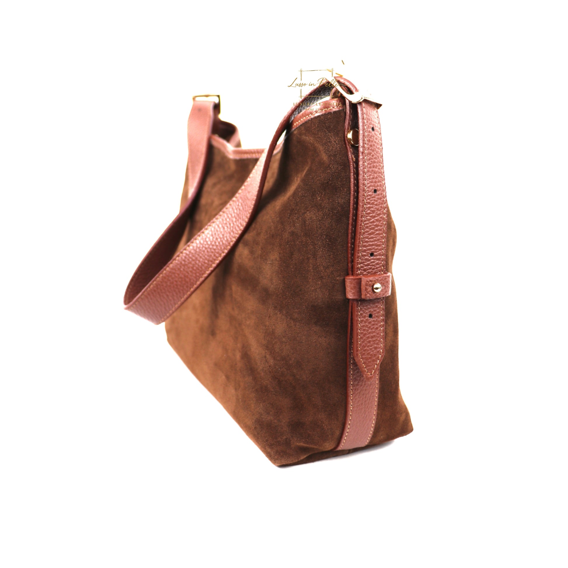 Medium Suede Handbag with Adjustable Leather Straps - dark tan
