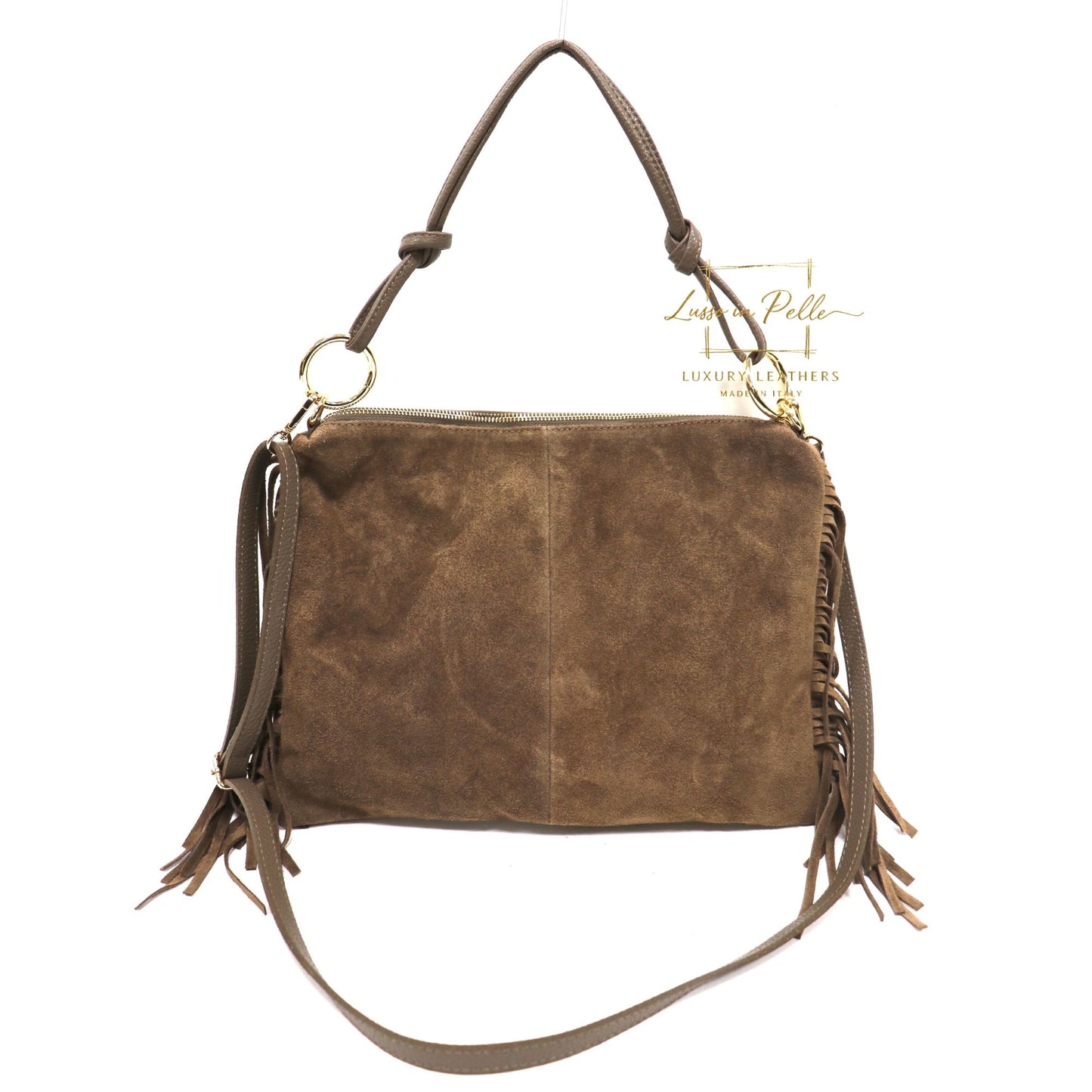 Medium Italian Suede Fringe Bag with Shoulder and Crossbody Straps: Handmade Genuine Cowhide Suede Flat Purse