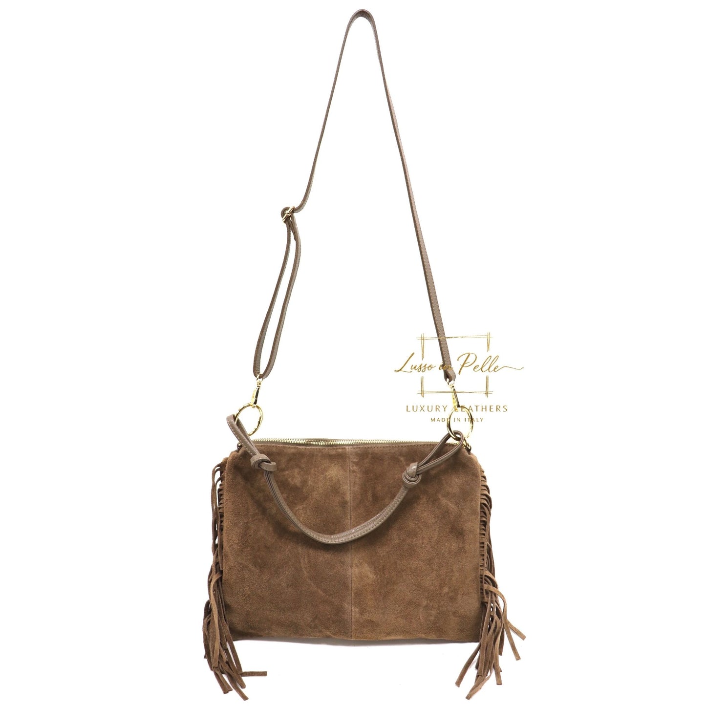 Medium Italian Suede Fringe Bag with Shoulder and Crossbody Straps: Handmade Genuine Cowhide Suede Flat Purse