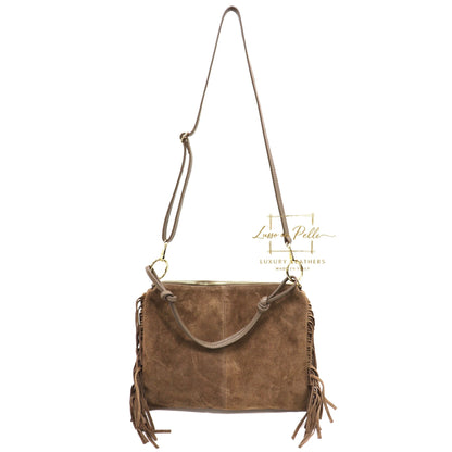 Medium Italian Suede Fringe Bag with Shoulder and Crossbody Straps: Handmade Genuine Cowhide Suede Flat Purse