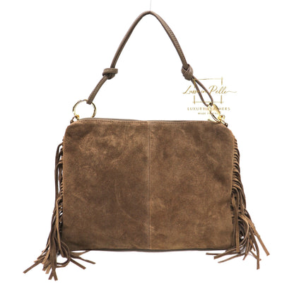 Medium Italian Suede Fringe Bag with Shoulder and Crossbody Straps: Handmade Genuine Cowhide Suede Flat Purse
