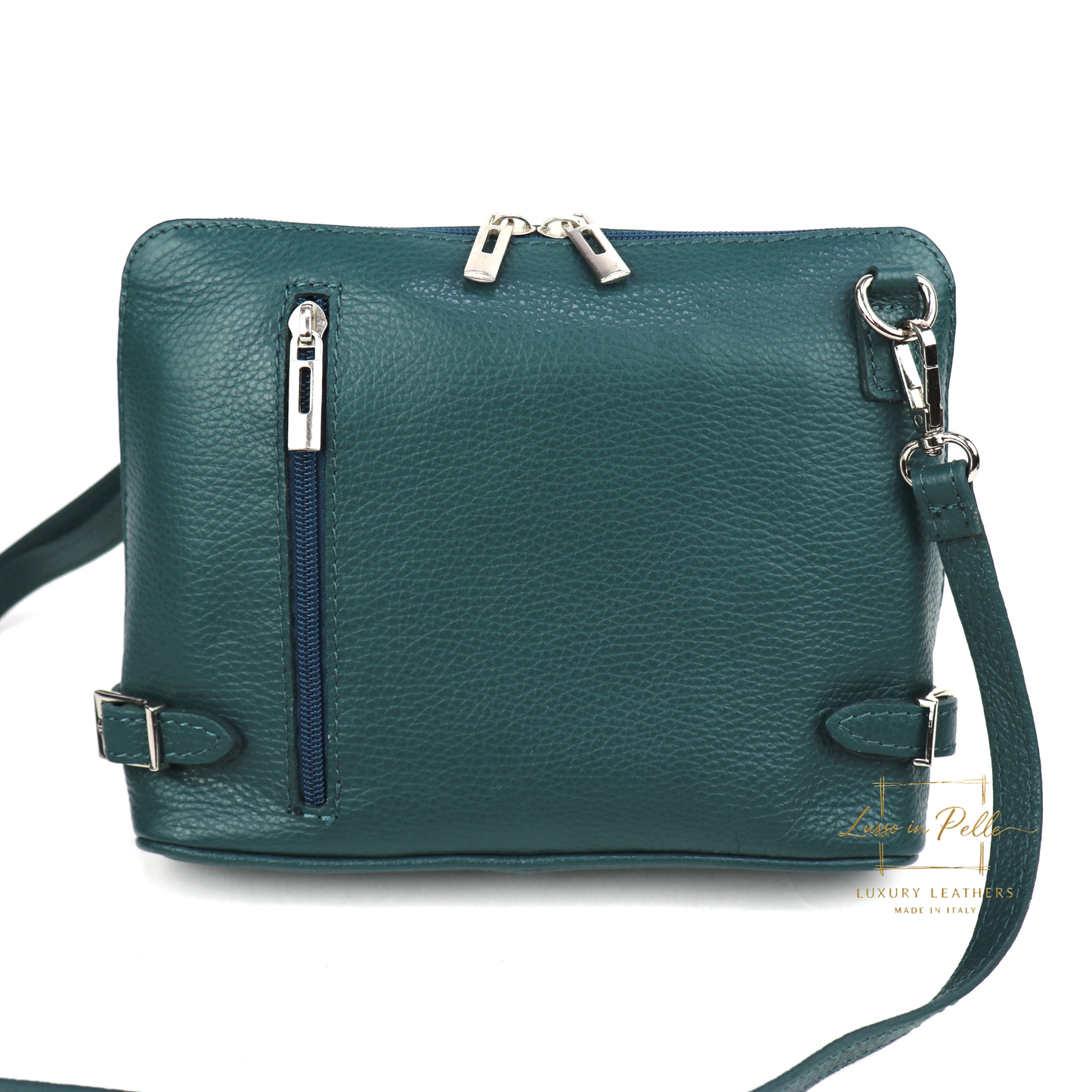 Rectangular Structured Italian Grain Leather Crossbody Bag with Adjustable Straps