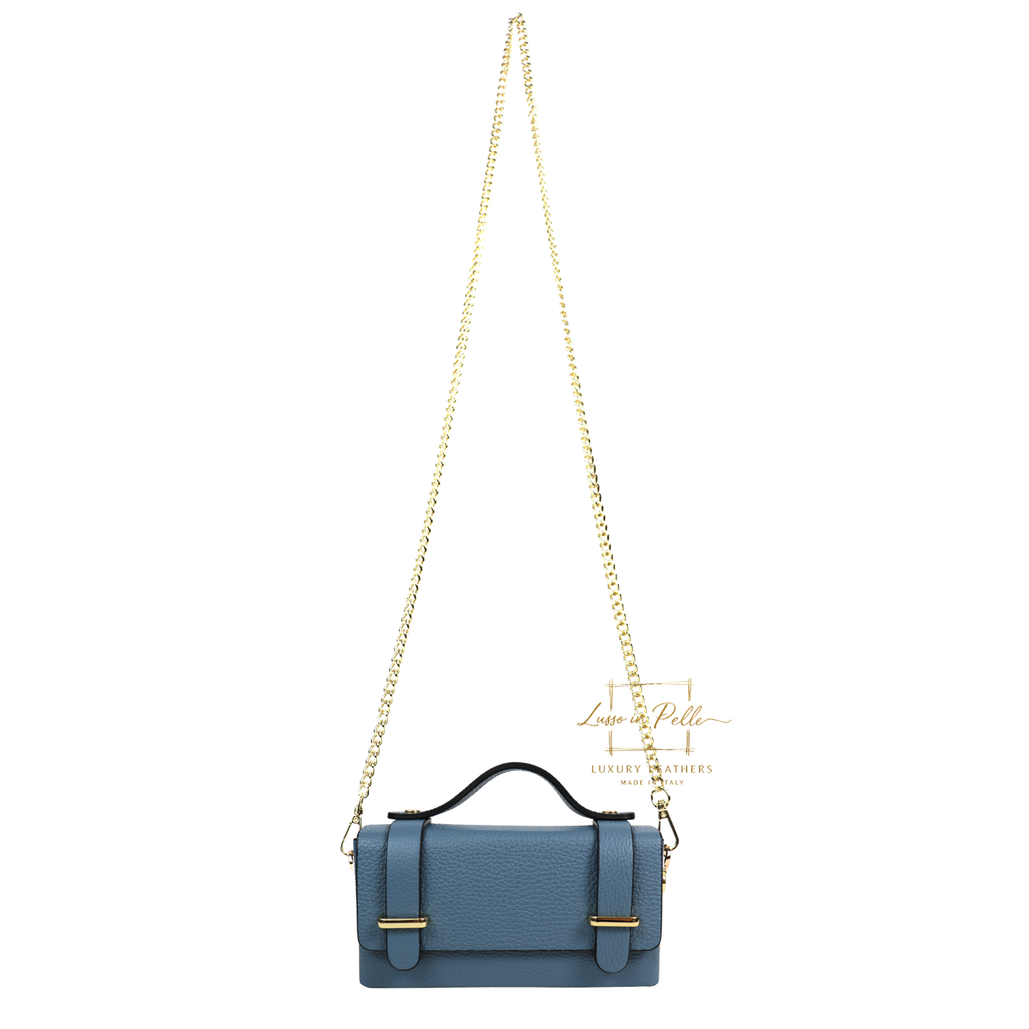 Small Genuine Leather Satchel Bag with Top Handle and Chain Straps