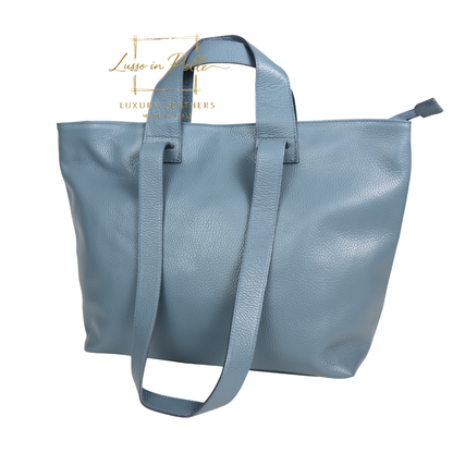 Large Grain Leather Tote Bag with Top Handle and Long Straps