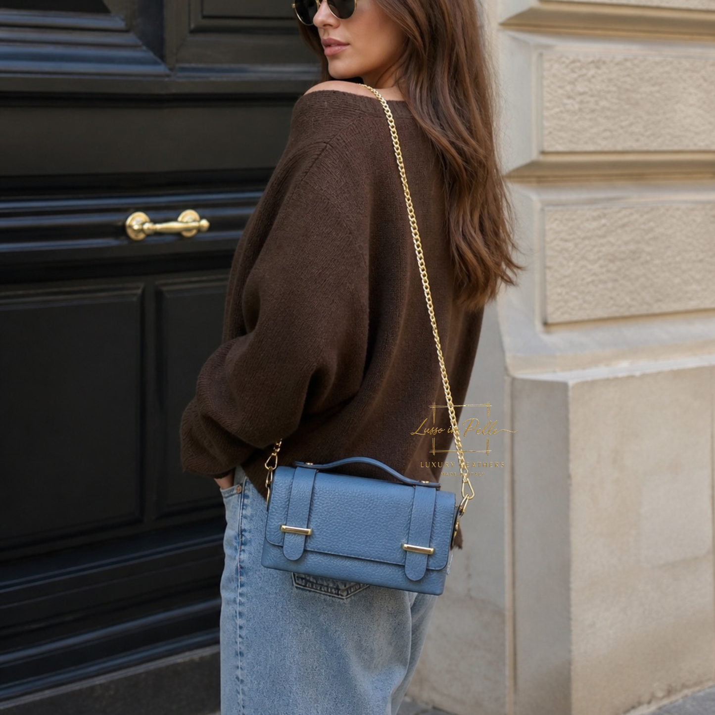 Small Genuine Leather Satchel Bag with Top Handle and Chain Straps