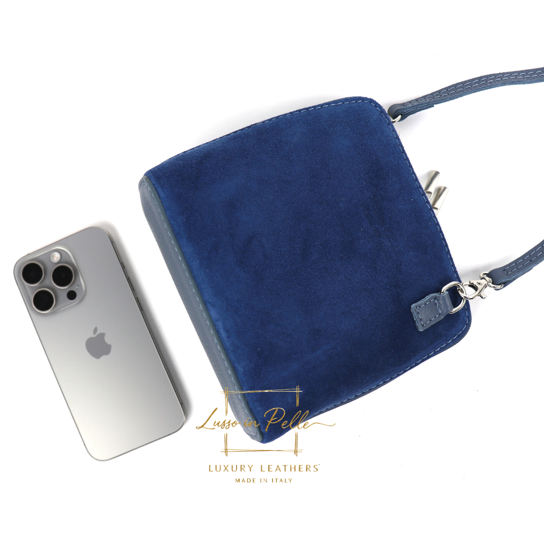 Small Suede Front Grain Leather Handbag with Detachable Straps