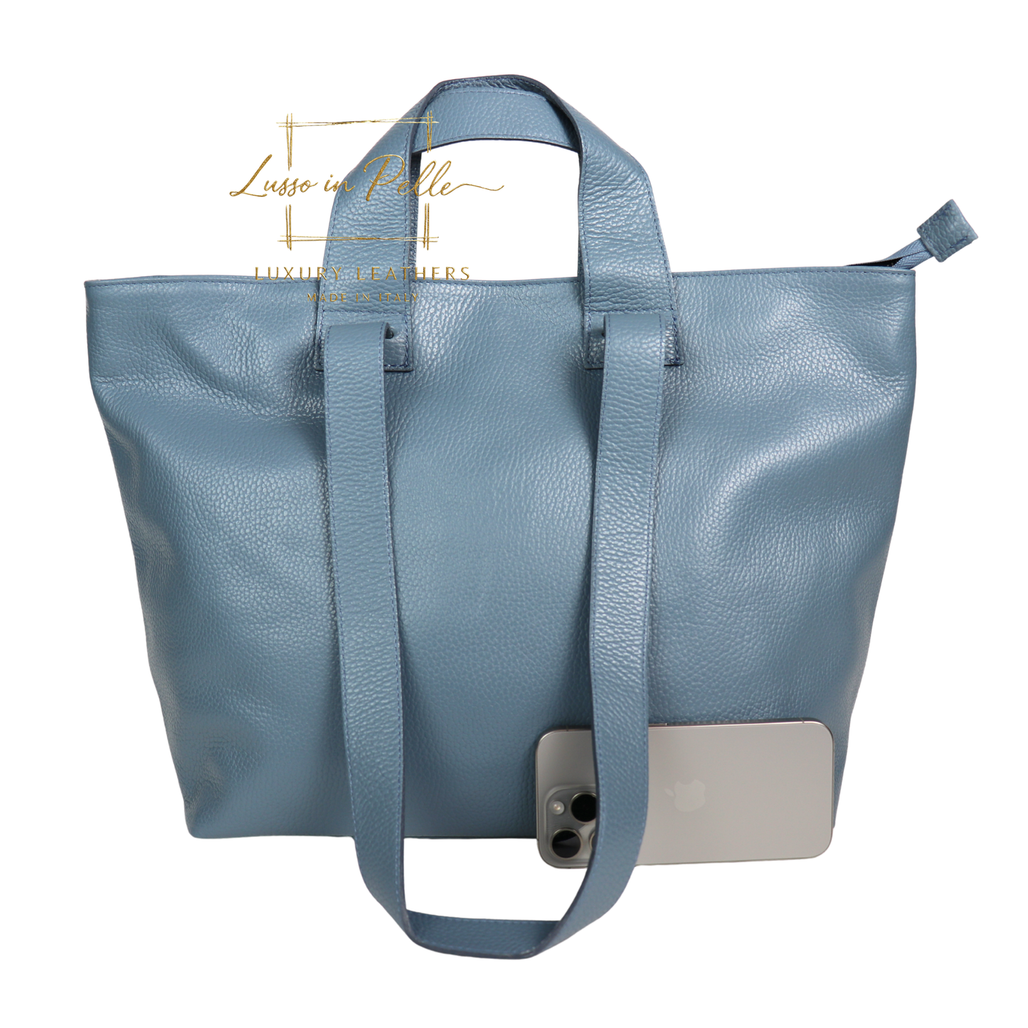 Large Grain Leather Tote Bag with Top Handle and Long Straps