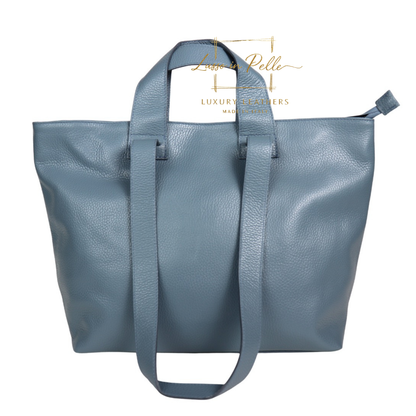 Large Grain Leather Tote Bag with Top Handle and Long Straps