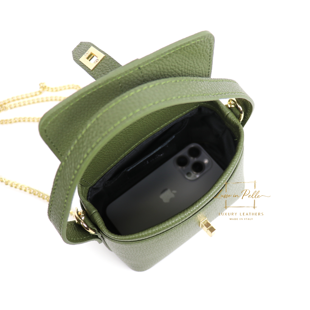 Small Top Handle Crossbody Bag – Genuine Italian Leather - Lussoinpelle Olive