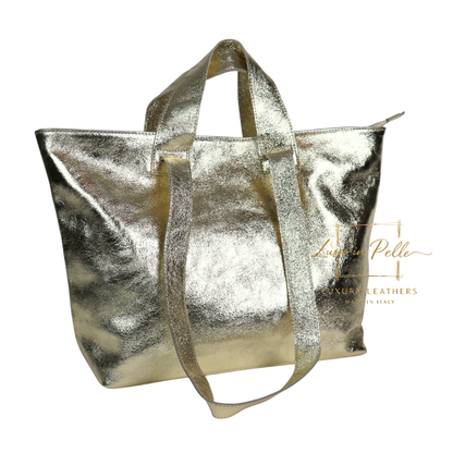 Large Grain Leather Tote Bag with Top Handle and Long Straps