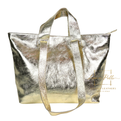 Large Grain Leather Tote Bag with Top Handle and Long Straps