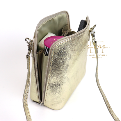 Ella Small Metallic Genuine Italian Leather Handbag with Detachable Straps