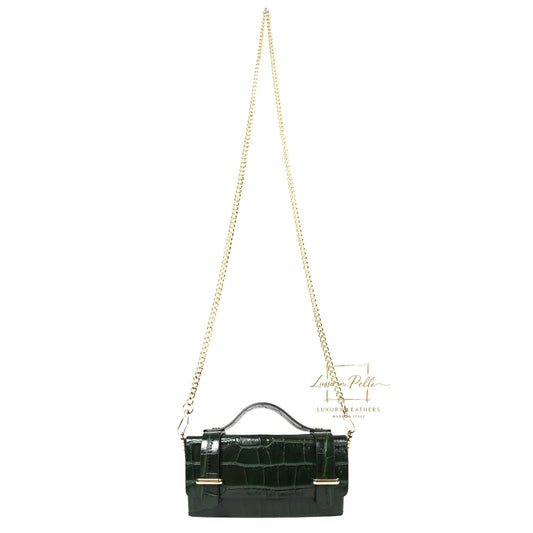 Croc-Embossed Leather Top Handle Bag with Gold Chain Strap