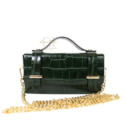 Croc-Embossed Leather Top Handle Bag with Gold Chain Strap