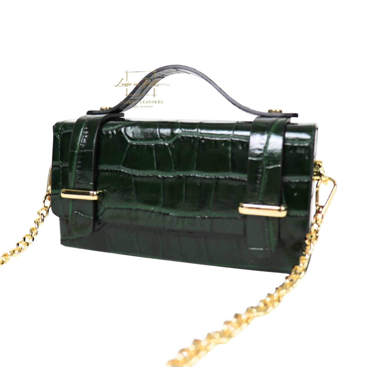 Croc-Embossed Leather Top Handle Bag with Gold Chain Strap