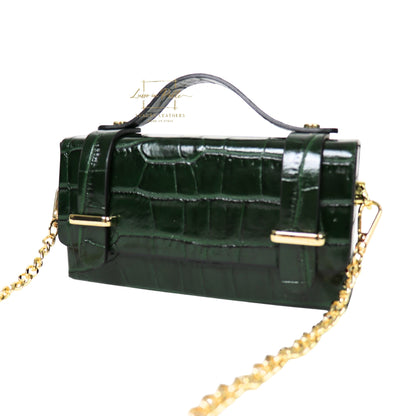 Croc-Embossed Leather Top Handle Bag with Gold Chain Strap