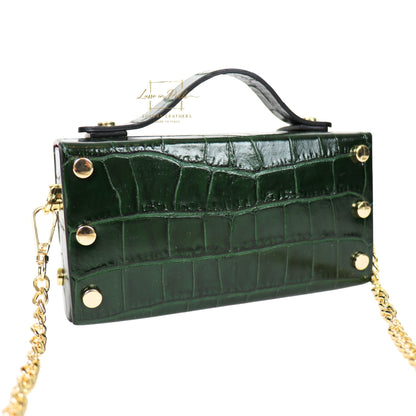 Croc-Embossed Leather Top Handle Bag with Gold Chain Strap