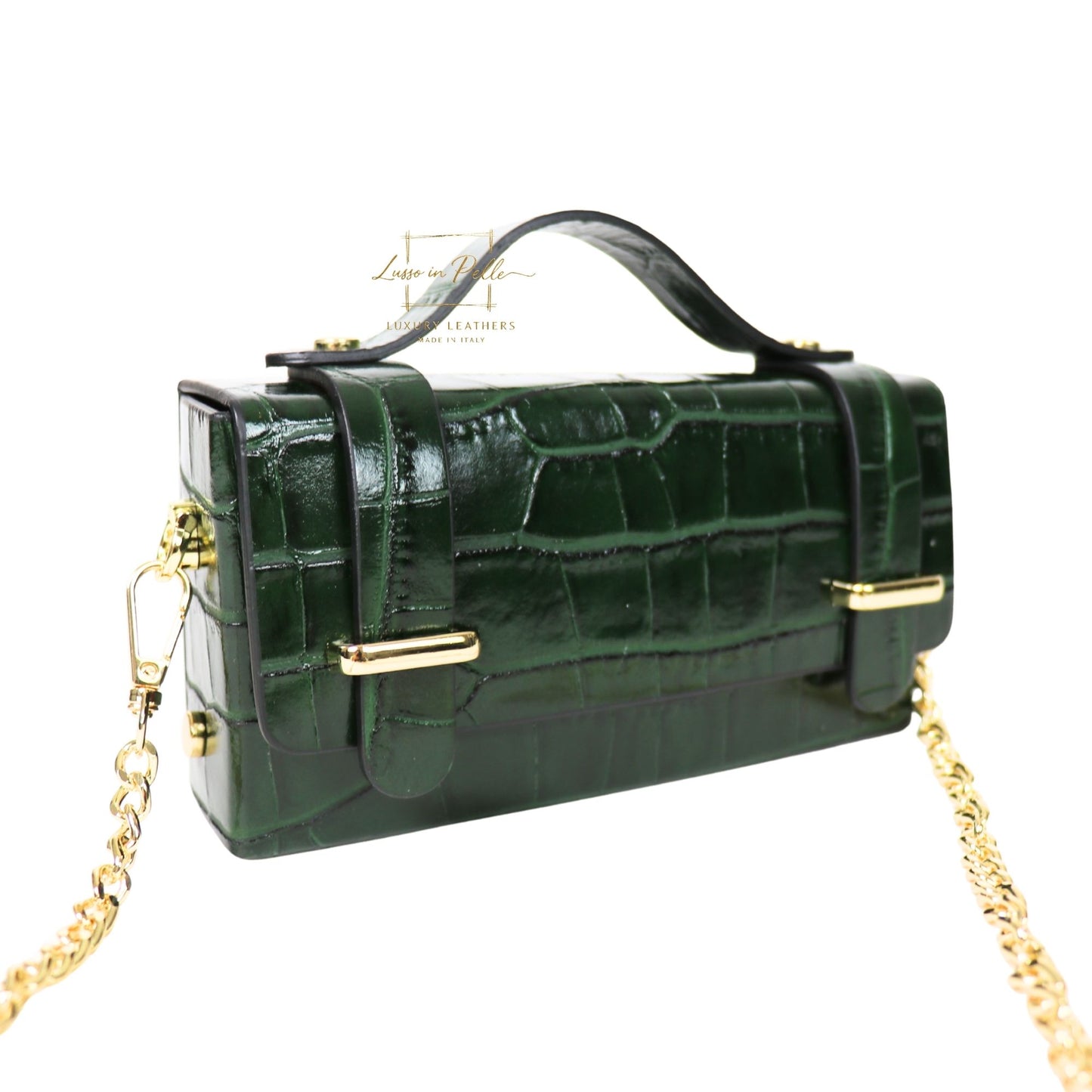 Croc-Embossed Leather Top Handle Bag with Gold Chain Strap