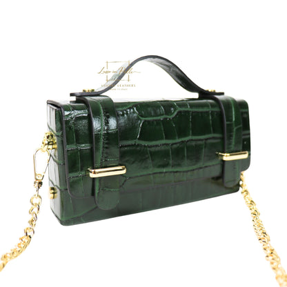 Croc-Embossed Leather Top Handle Bag with Gold Chain Strap