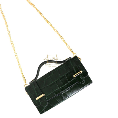 Croc-Embossed Leather Top Handle Bag with Gold Chain Strap