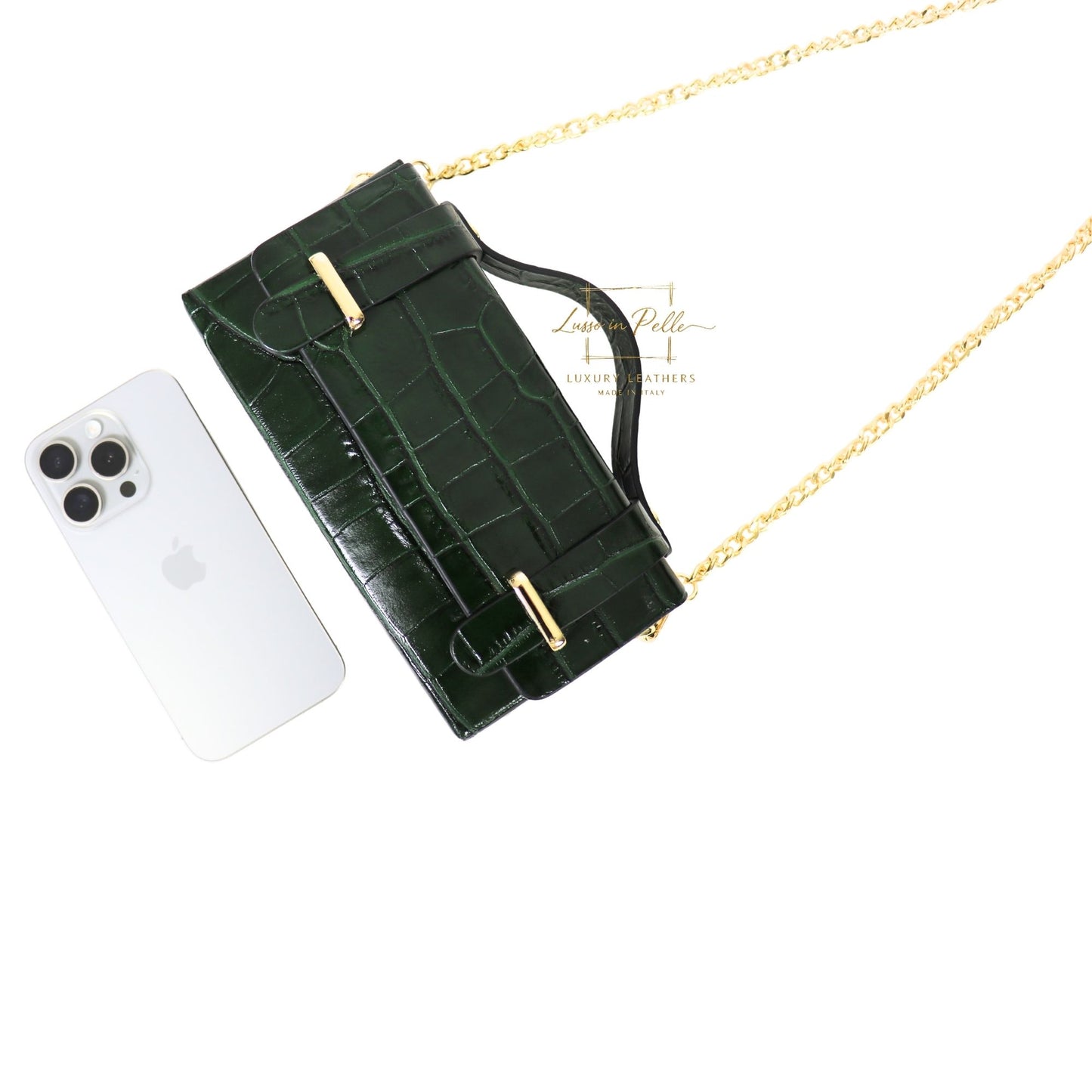 Croc-Embossed Leather Top Handle Bag with Gold Chain Strap
