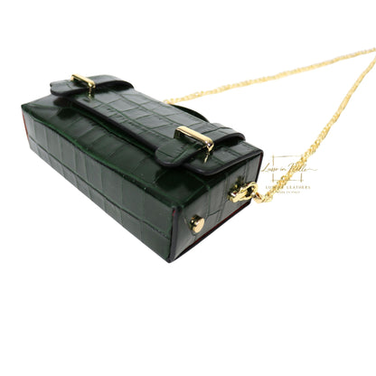 Croc-Embossed Leather Top Handle Bag with Gold Chain Strap