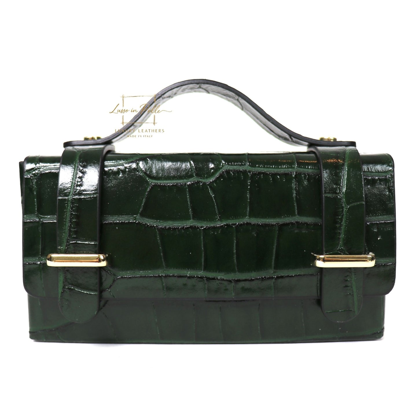 Croc-Embossed Leather Top Handle Bag with Gold Chain Strap
