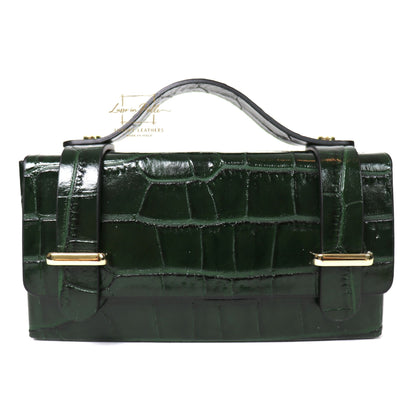 Croc-Embossed Leather Top Handle Bag with Gold Chain Strap