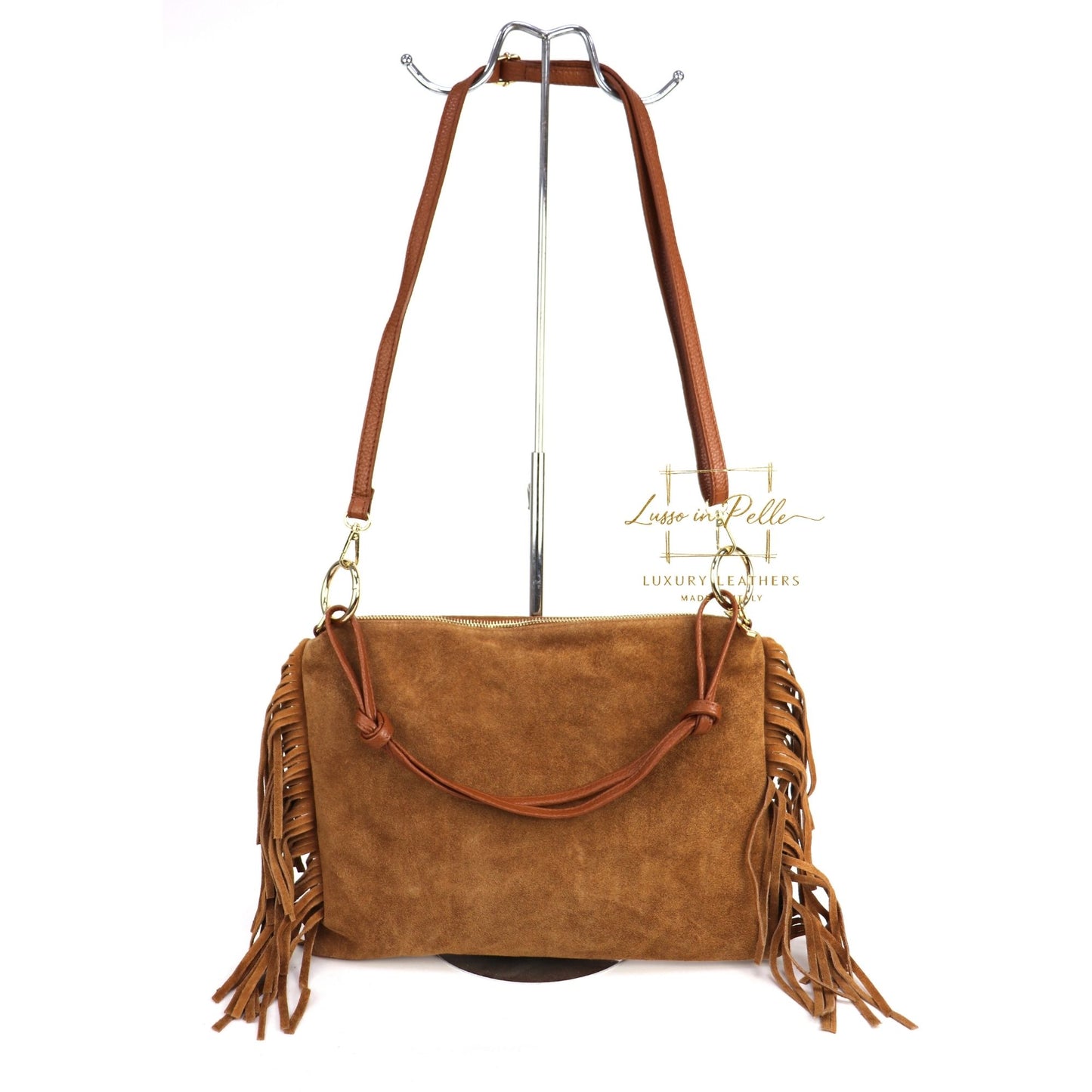 Medium Italian Suede Fringe Bag with Shoulder and Crossbody Straps: Handmade Genuine Cowhide Suede Flat Purse