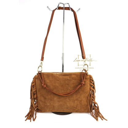 Medium Italian Suede Fringe Bag with Shoulder and Crossbody Straps: Handmade Genuine Cowhide Suede Flat Purse