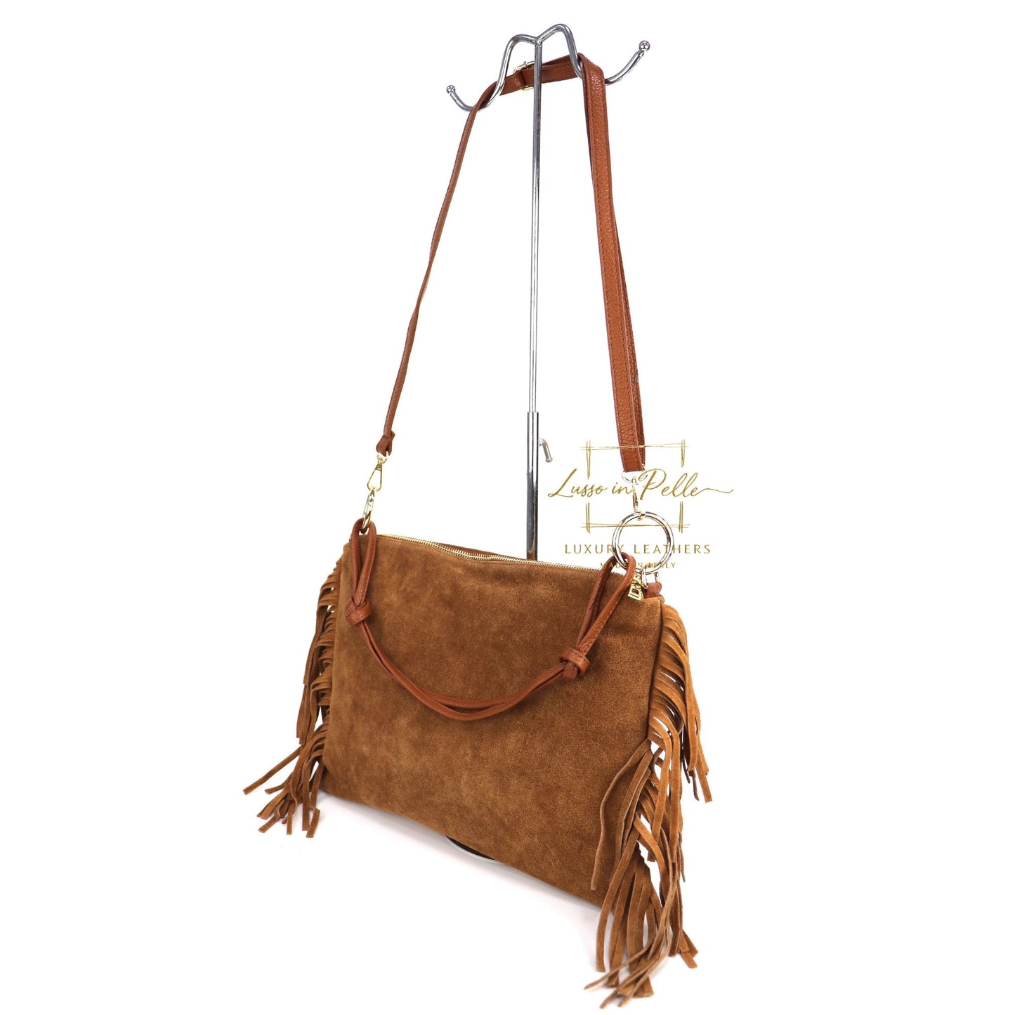 Medium Italian Suede Fringe Bag with Shoulder and Crossbody Straps: Handmade Genuine Cowhide Suede Flat Purse
