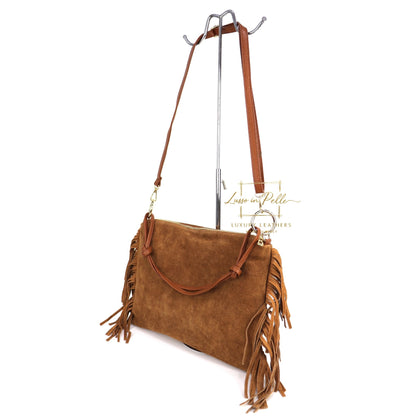 Medium Italian Suede Fringe Bag with Shoulder and Crossbody Straps: Handmade Genuine Cowhide Suede Flat Purse