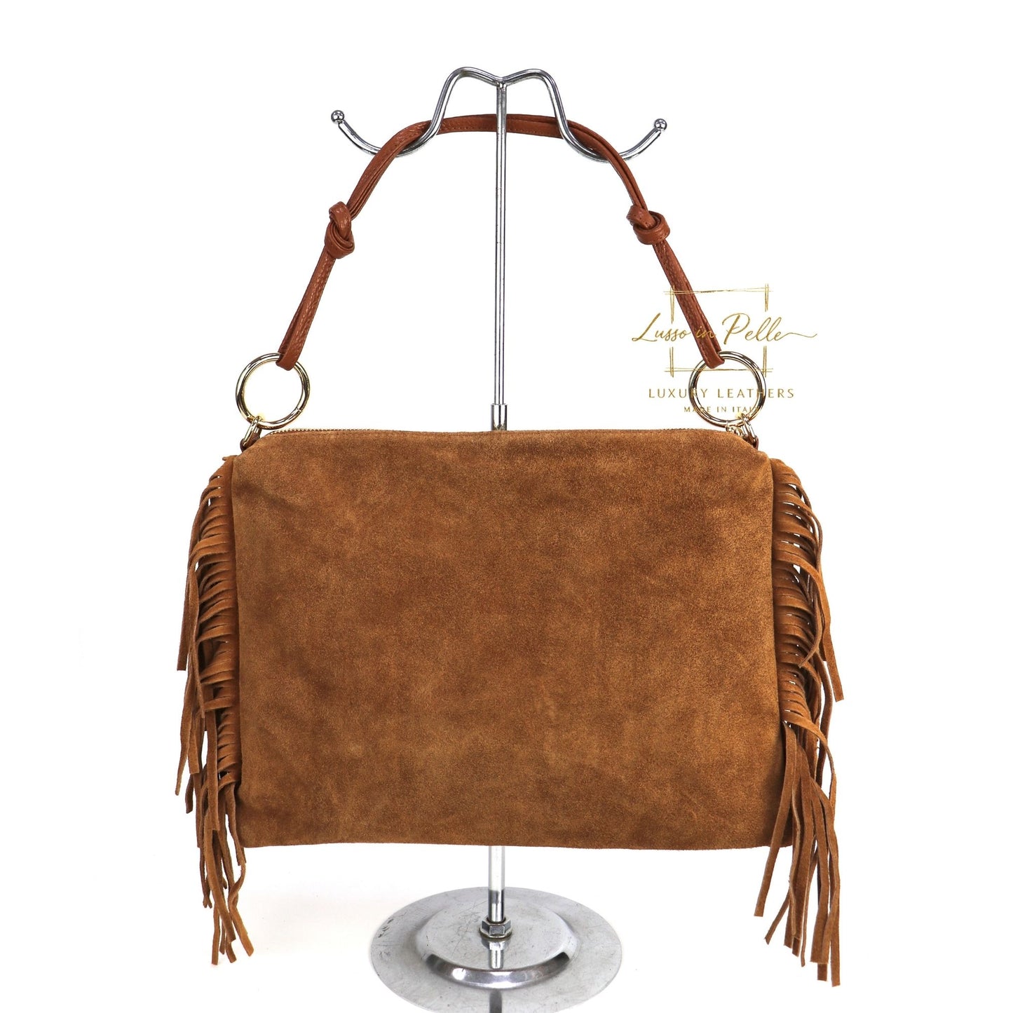 Medium Italian Suede Fringe Bag with Shoulder and Crossbody Straps: Handmade Genuine Cowhide Suede Flat Purse
