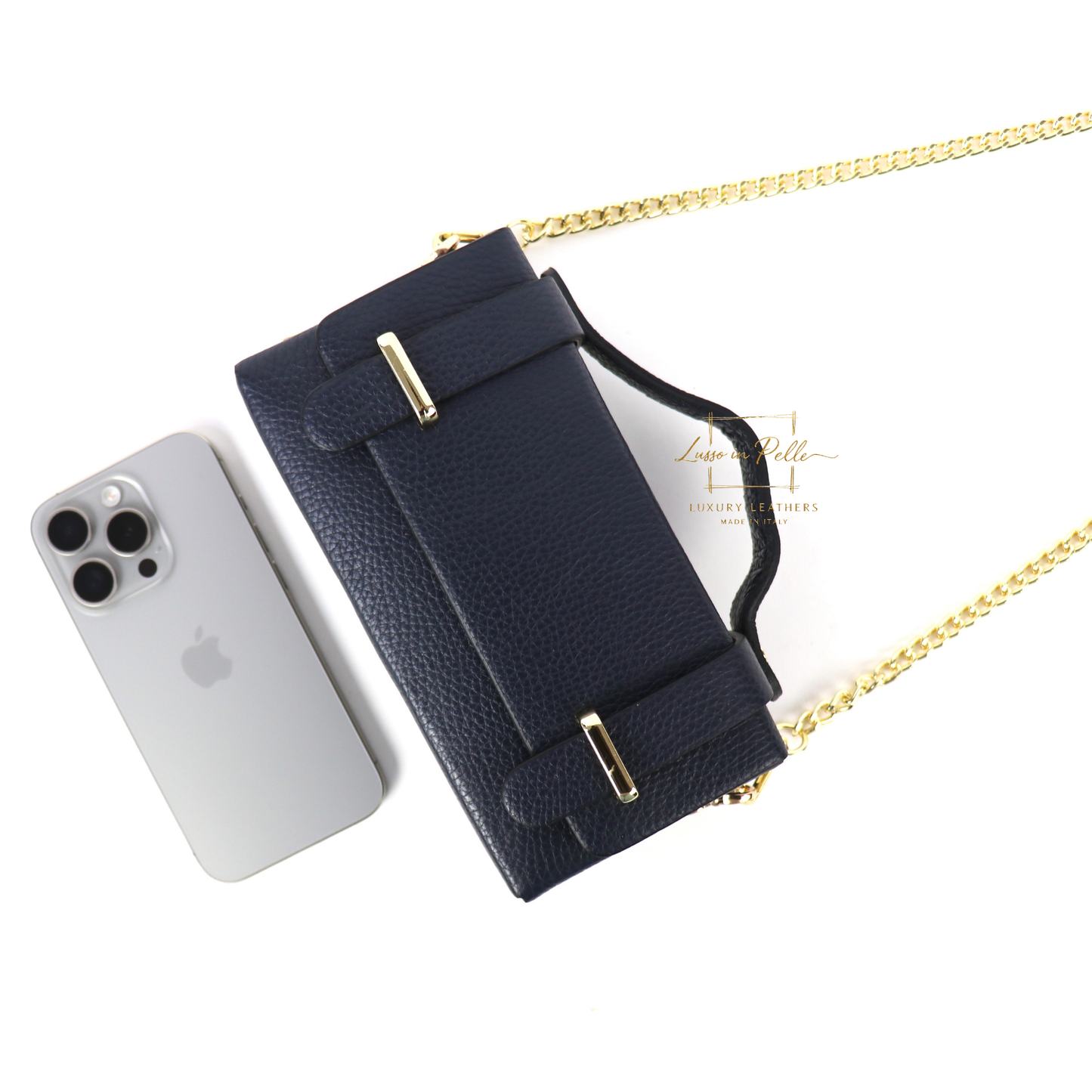 Small Genuine Leather Satchel Bag with Top Handle and Chain Straps