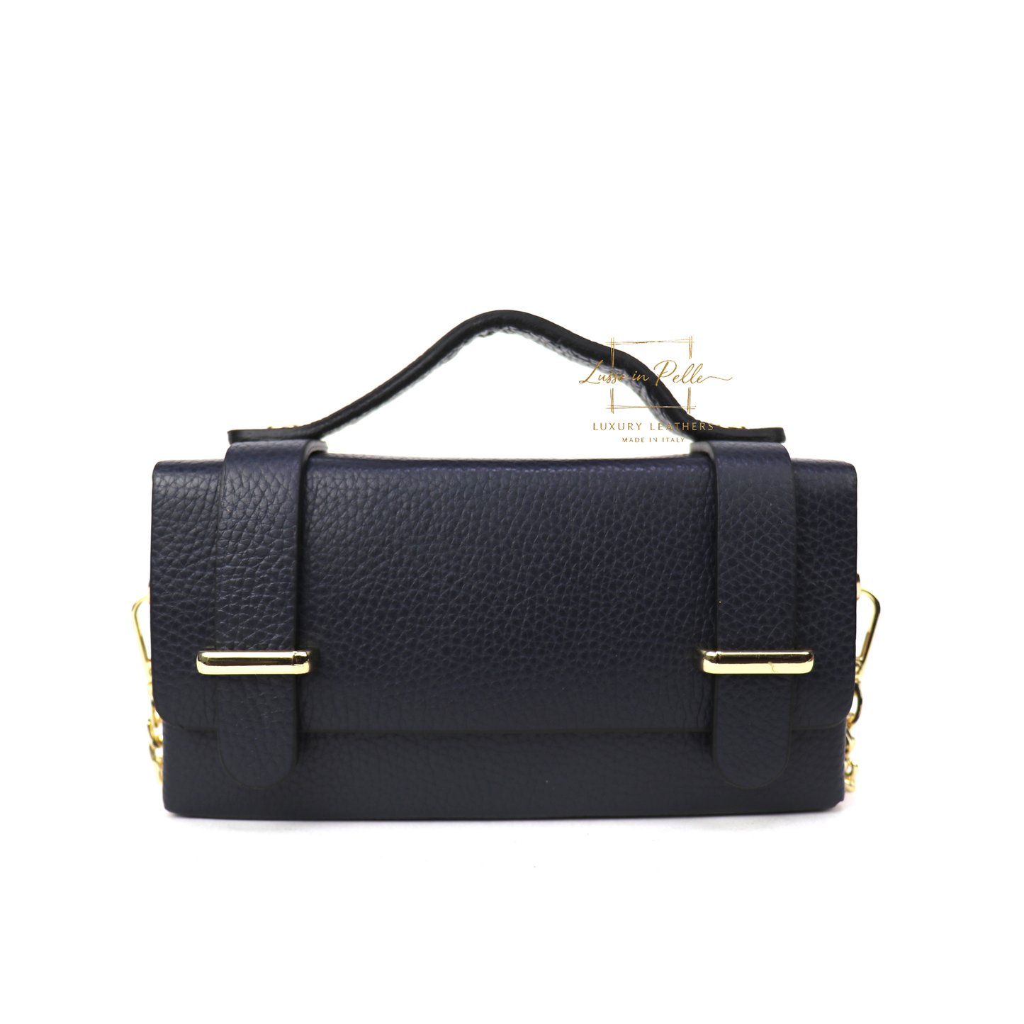 Small Genuine Leather Satchel Bag with Top Handle and Chain Straps