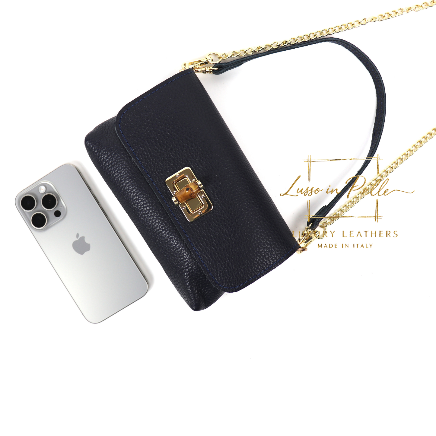 Small Pebbled Leather Clutch/Shoulder/Crossbody Bag with Bamboo-Style Clasp