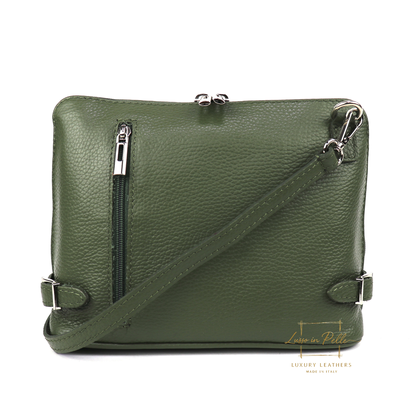 Rectangular Structured Italian Grain Leather Crossbody Bag with Adjustable Straps