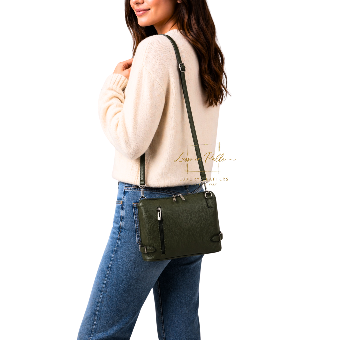 Rectangular Structured Italian Grain Leather Crossbody Bag with Adjustable Straps