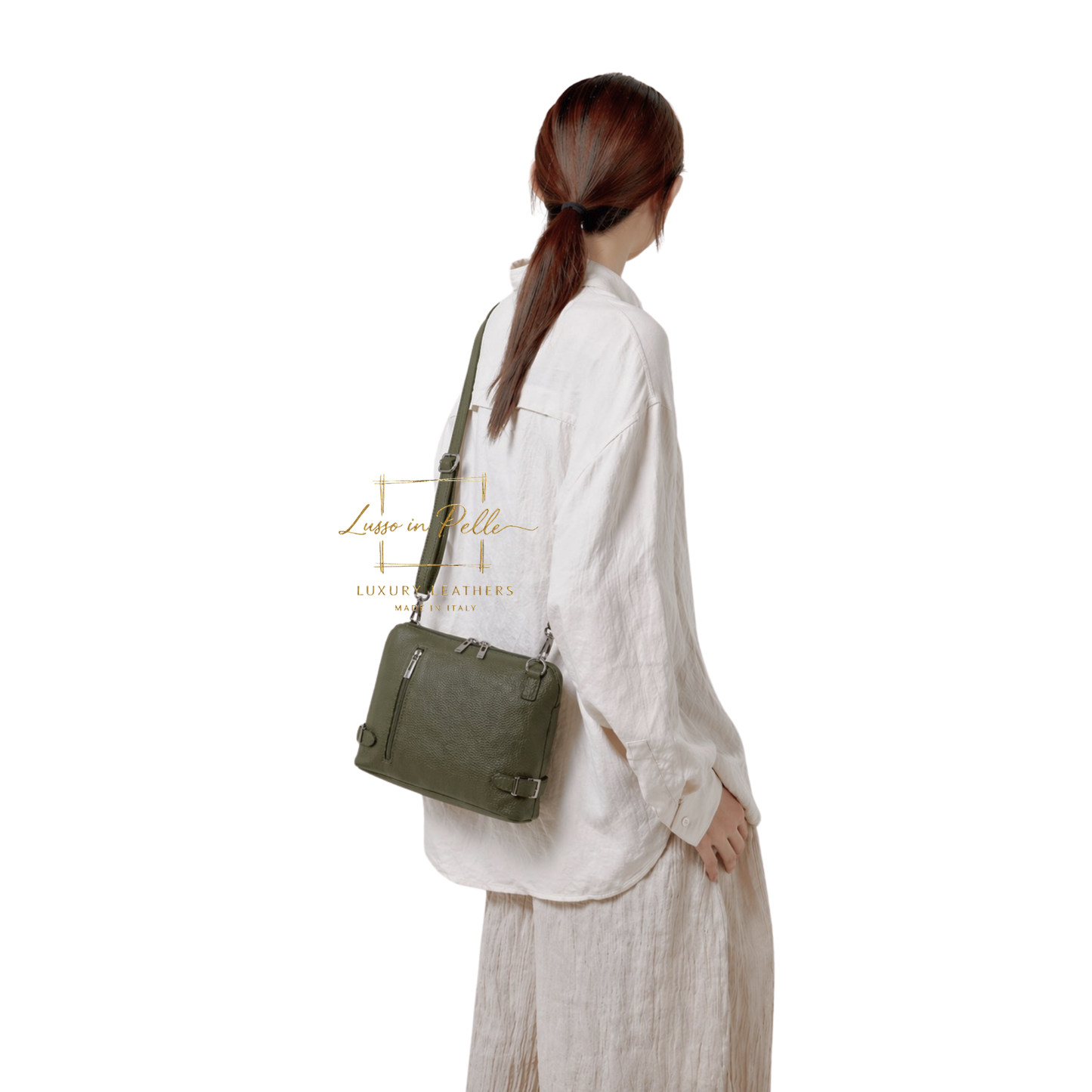 Rectangular Structured Italian Grain Leather Crossbody Bag with Adjustable Straps
