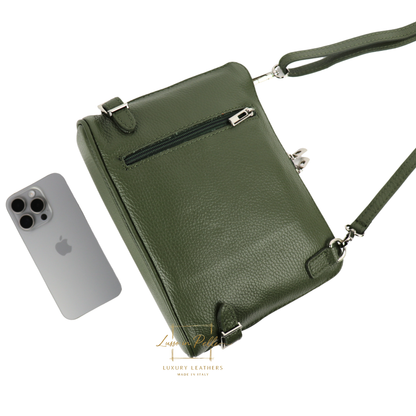 Rectangular Structured Italian Grain Leather Crossbody Bag with Adjustable Straps