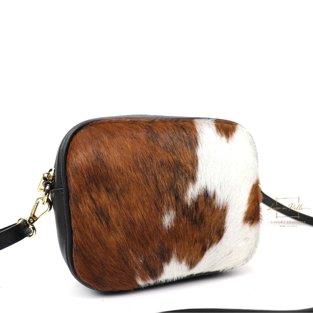 Genuine Smooth Leather Crossbody Bag with Fur Panel